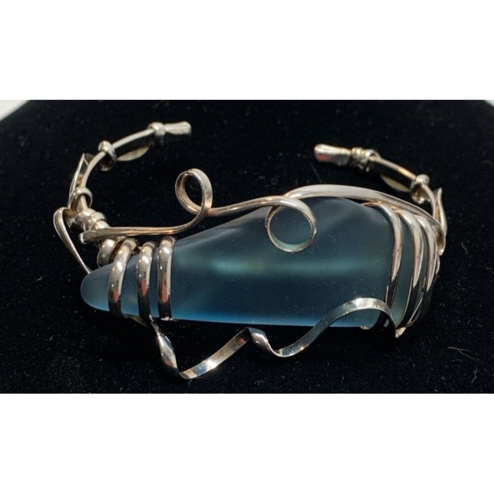 Handmade Sea Glass Cuff Bracelet Wire Wrapped Silver Tone Artisan Boho